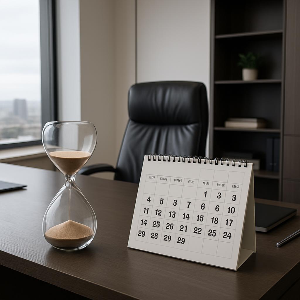 An office desk with an hourglass and calendar, set against a view of a city outside the window.