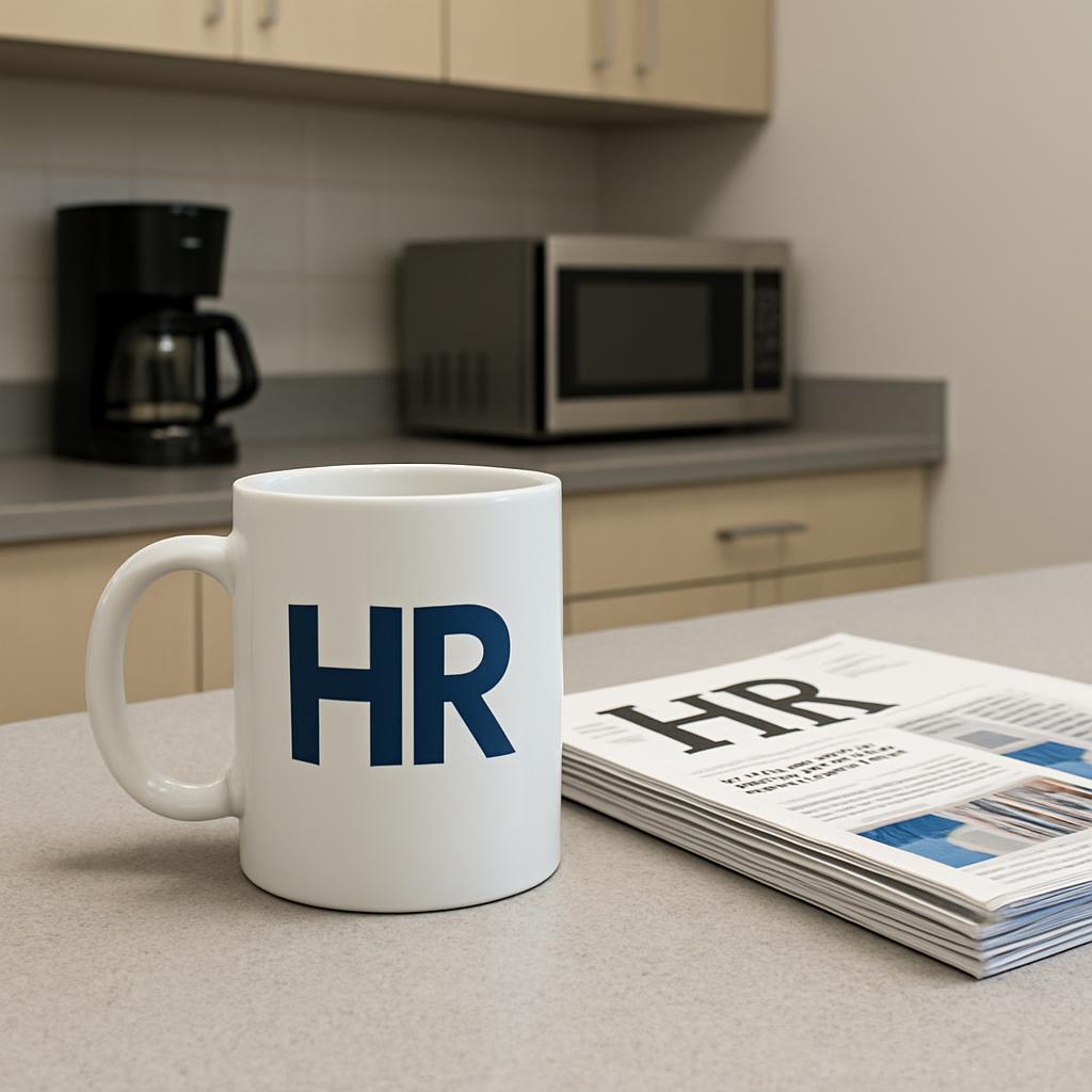 The image shows a sleek, modern kitchen with a white coffee mug featuring the letters "HR" in bold navy blue text. The spa...