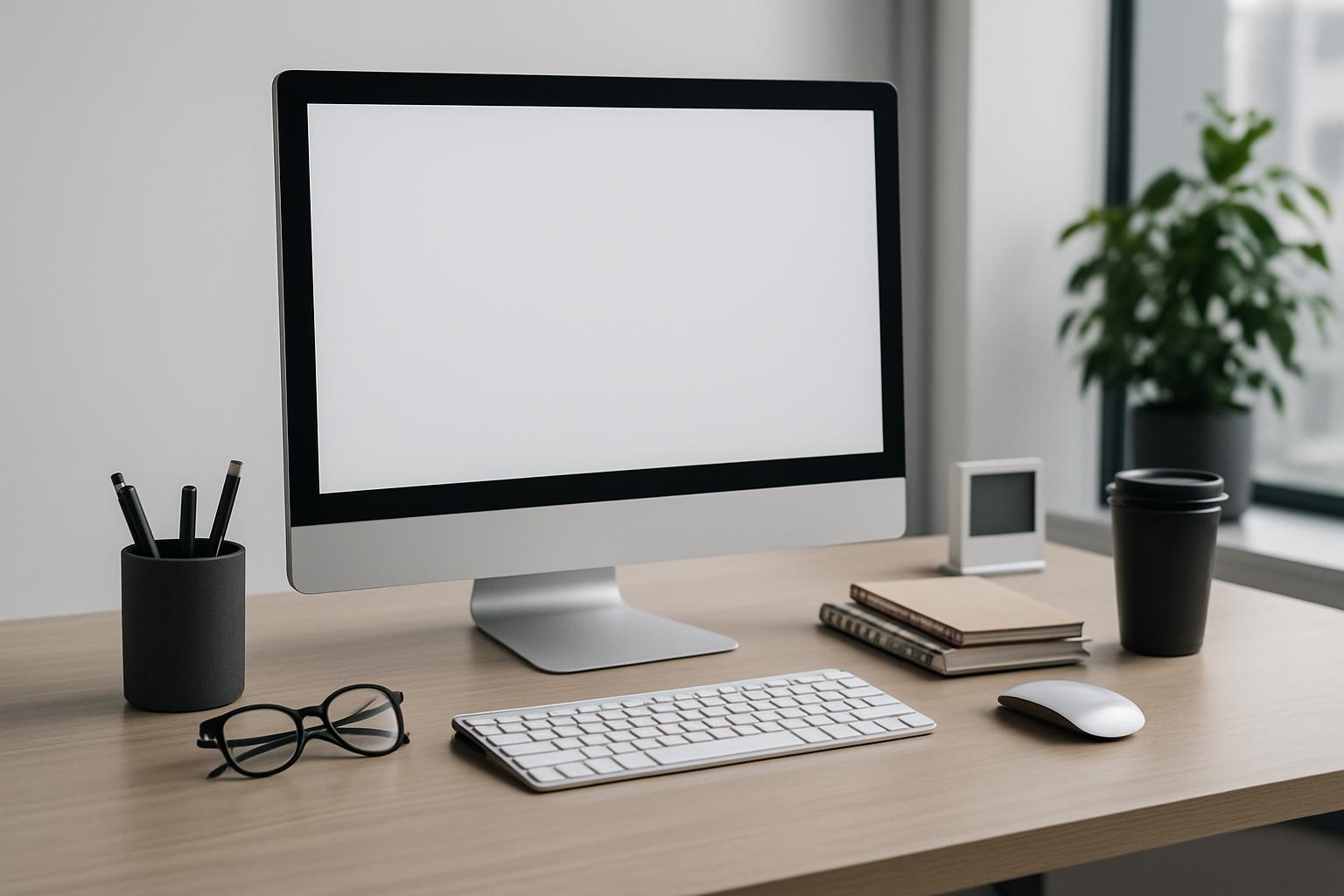 This image is of a typica office desk setup: a desk with a PC, a keyboard, a mouse, stacked notepads, a mug, and a USB cha...