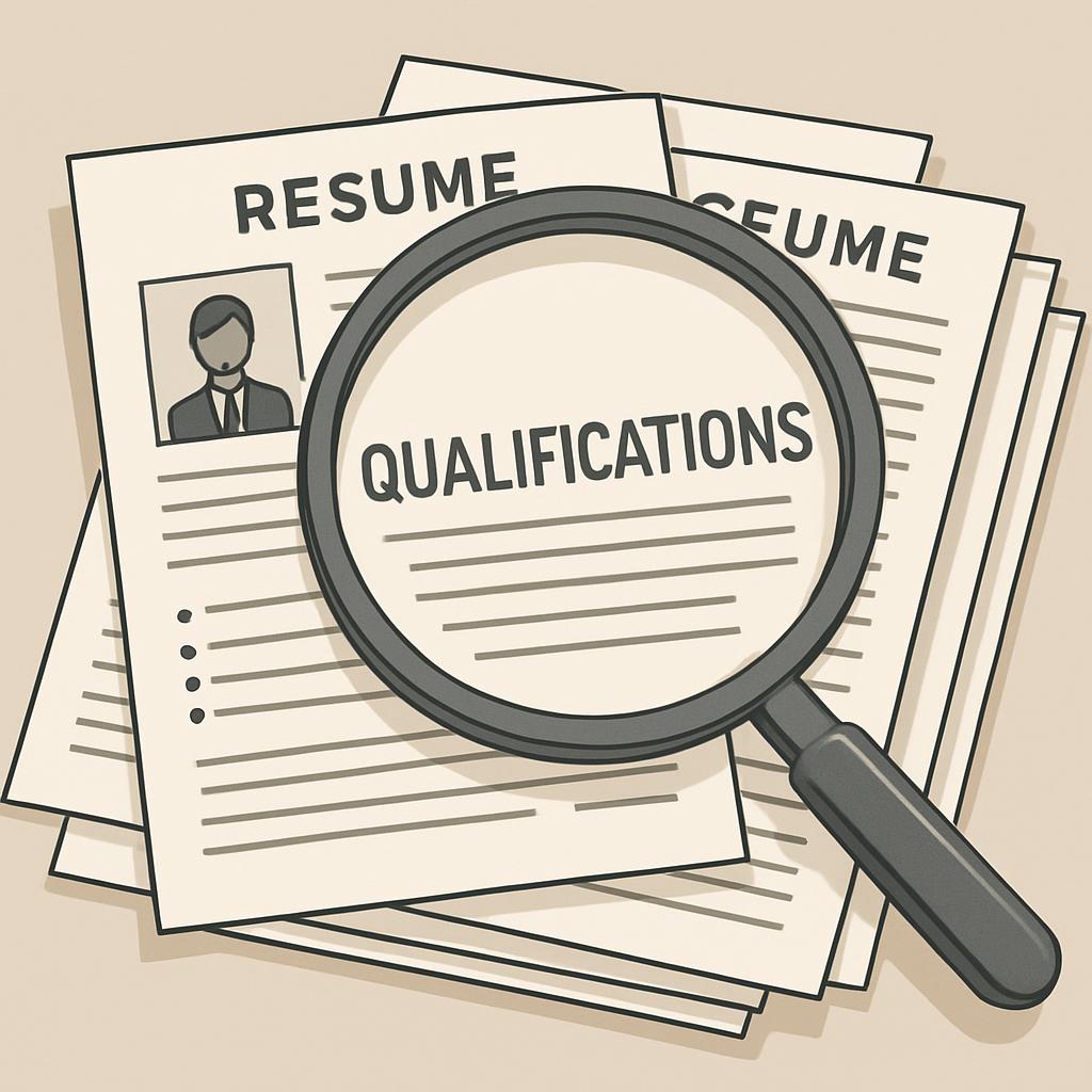 The alt text for the image is: "Job qualifications resume, Magnifying glass finding qualifications."