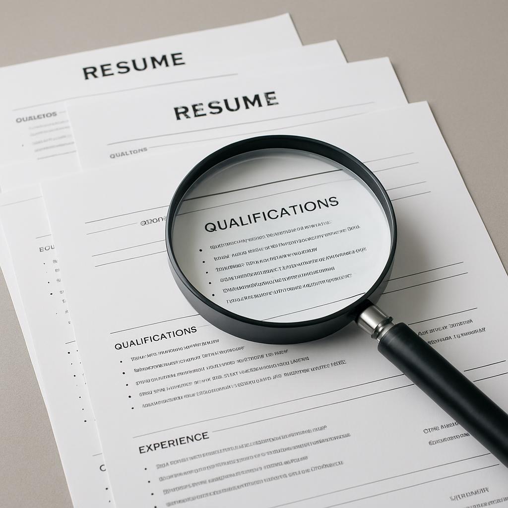A magnifying glass placed on top of three stacks of resume papers. The papers are white and have the word RESUME written a...