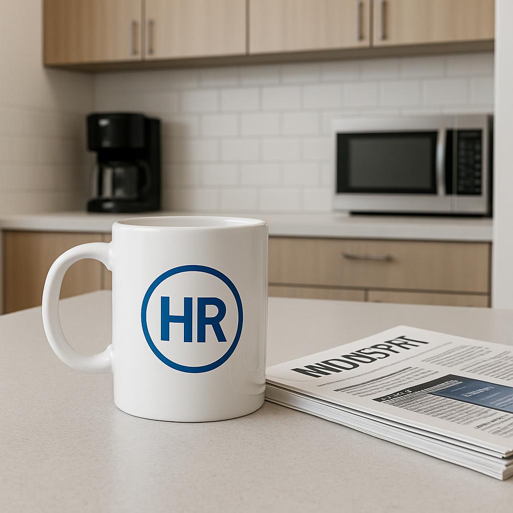 An open magazine on a table with a white mug that says "HR" in a blue circle on top of it, in a kitchen with a microwave a...